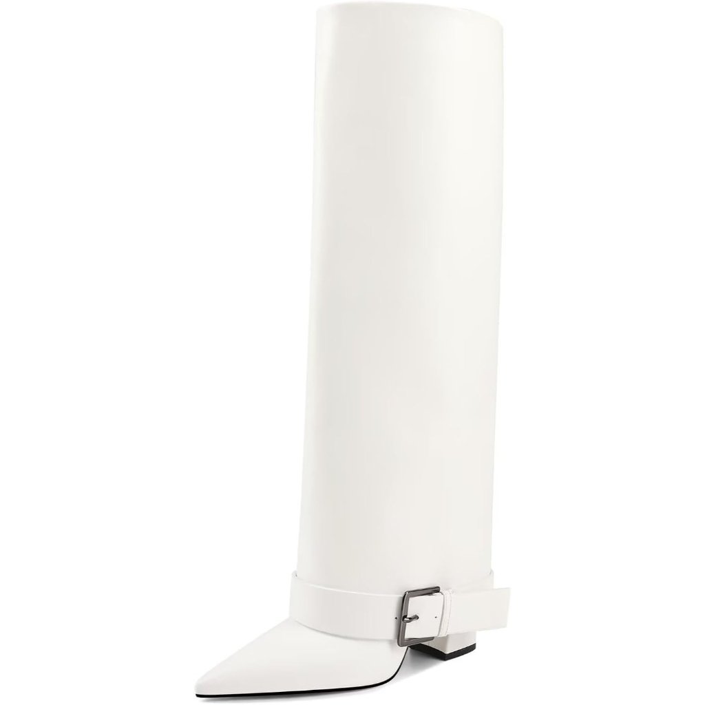 Women's White Chunky High Heel Wide Calf Pointed Toe Boots Belt Buckle